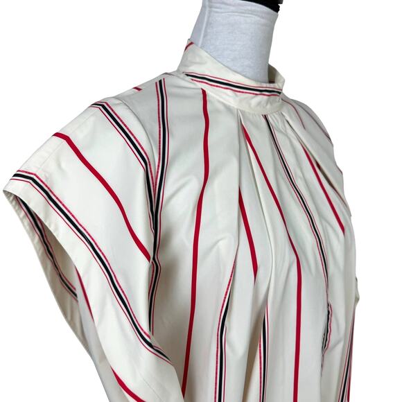 3.1 PHILLIP LIM | Ivory Red Striped Stand Collar Cap Sleeve Tie Hem Designer Top - Picture 8 of 15